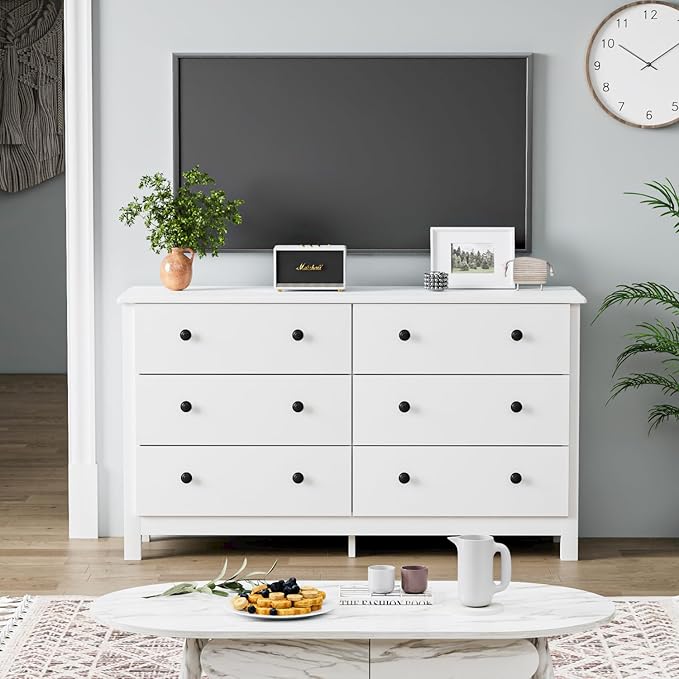 White Dresser, Modern 6 Drawer Double Dresser for Bedroom with Black Knobs, Adults & Kids Wide Dressers & Chests of Drawers for Hallway, Entryway