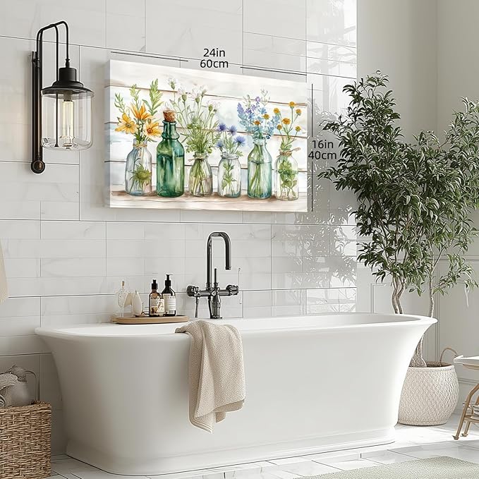 HLXRAE Green Bathroom Wall Art, Vintage Rustic Farmhouse Wall Decor, Watercolor Floral Canvas Painting, Sage Green Plant Aesthetic Picture for Bathroom Laundry Room Decor 12x16 inch