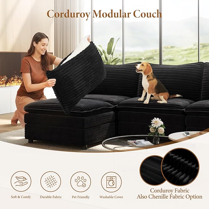 Vesgantti 108" V-Shaped Corner Couch Sectional, 7 Seat Customizable Modular Cloud Couches with Movable Ottoman, Corduroy Deep Seat Sofa Set with Chaise for Living Room, Bedroom and Apartment, Black