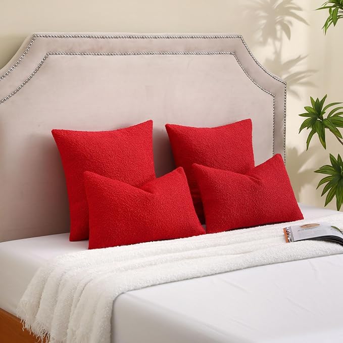 FUTEI Christmas Pack of 2 Red Decorative Throw Pillow Covers 16x16 Inch Soft Cozy Solid Boucle Textured Cushion Case,Modern Home Decor for Couch Bed Living Room