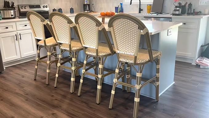 PURPLE LEAF French Bar Stool Set of 4 Bamboo Print Finish Patio Bar Stools with Back Rattan Bar Chairs Wicker Bar Height Stool 30" with Footrest Kitchen Island Stools Outdoor Barstool Cream Yellow