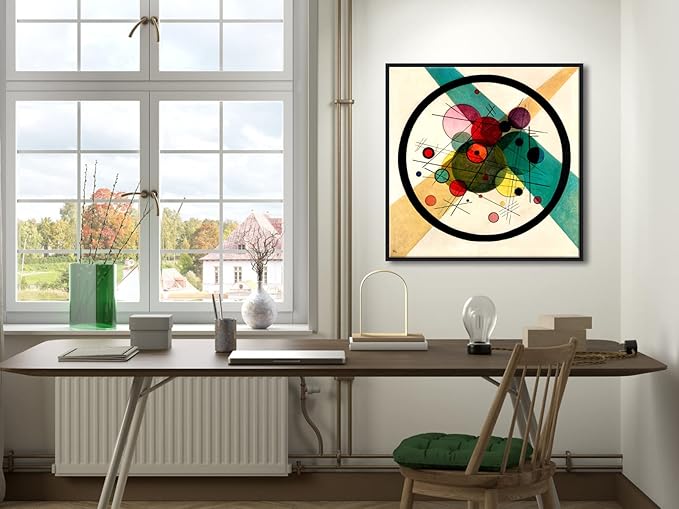 Wieco Art Framed Abstract Wall Art Canvas Prints Circles in a Circle, 1923 by Wassily Kandinsky Classic Art Oil Paintings Reproductions for Home Decoration