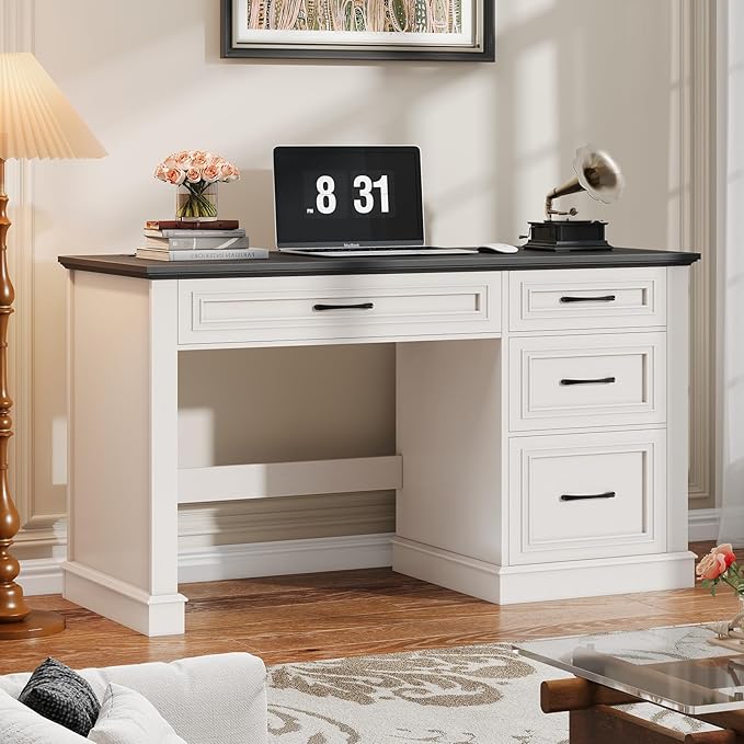 Vabches Farmhouse 47" Executive Desk, Computer Desk with Drawers and File Drawer, Workstation Computer Desk with Charging Station for Home Office, Study,（Black