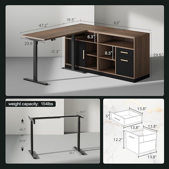 67" L-Shaped Electric Standing Desk with File Cabinet, 1.18" Desktop, Adjustable Height Executive Table, Stand Up Desk with 3 Drawers Rolling Filing Cabinet, for Home and Office, Black Walnut