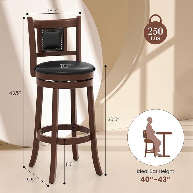 COSTWAY Bar Stools Set of 4, 30.5” Swivel Upholstered Bar Height Bar Stool w/Curved Backrest & Cushioned Seat, Solid Rubber Wood Legs & Resting Footrest, Bar Chairs for Kitchen Island (4, 30.5”)