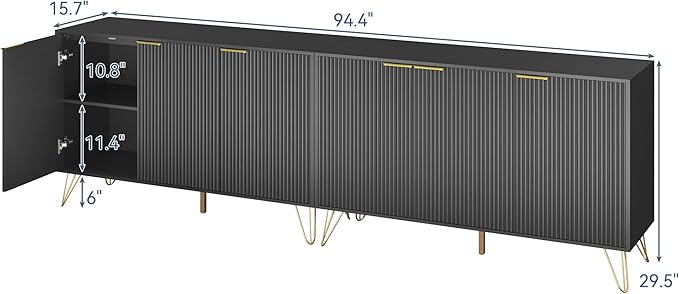 Storage Cabinet Set of 2, Black Fluted Cabinet with Adjustable Shelves, Modern Coffee Bar for Kitchen, Living Room and Office