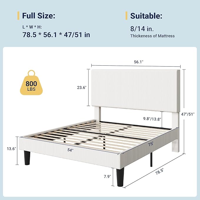 Allewie Full Size Upholstered Bed Frame with Vertical Channel Tufted Headboard, Soft Corduroy Fabric Platform Bed, Strong Wooden Slats Support, Easy Assembly, No Box Spring Needed, White