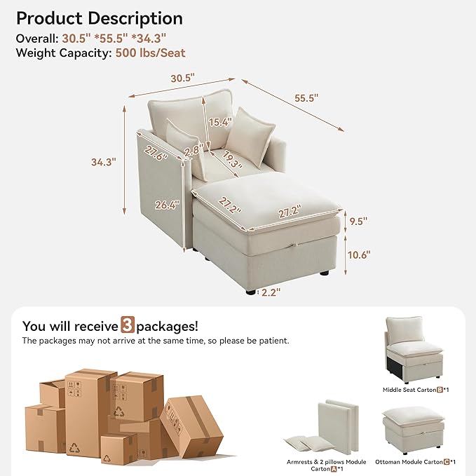 30" Cloud Modular Single Sofa Chair with Storage Ottoman, Modern Upholstered Accent Chair with Storage, Chenille Reading Lounge Armchair for Living Room, Bedroom, Small Space, Beige