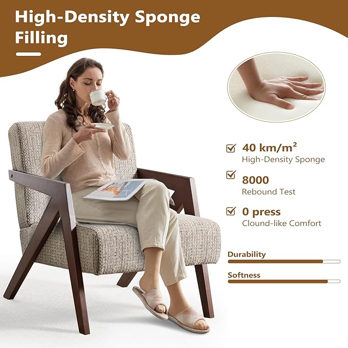 Bonzy Home Mid-Century Modern Accent Chair Set of 2 with Solid Wood Frame, Upholstered Armchair for Bedroom & Living Room, Reading Side Chair with Soft Lien Fabric Cushion,Easy Assembly,Light Grey