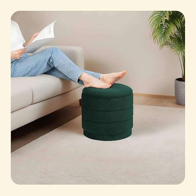 PINPLUS Round Velvet Ottoman Tray, Bottle Green Upholstered Decorative Accent for Footstool or Coffee Table, Removable Serving Surface
