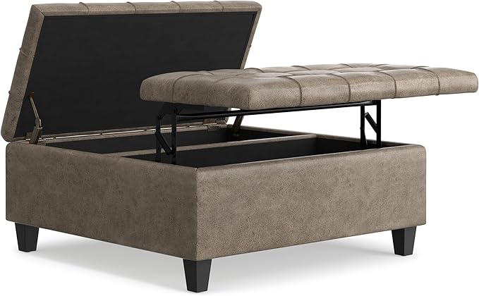 SIMPLIHOME Harrison Coffee Table Storage Ottoman - 36 inch Wide Upholstered Faux Leather Square Lift-Top Ottoman in Distressed Smoky Grey Brown, Transitional Ottoman for Living Room with Storage