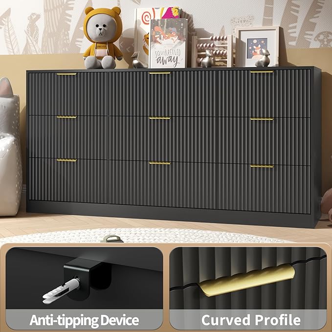 Dresser for Bedroom with 9 Drawer, 63” Long Black Dresser Modern Chest of Drawers with Metal Handle, Wood TV Stand Storage Organizer for Bedroom, Living Room, Black
