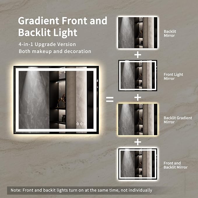 LED Mirror, 40x32 Inch Black Framed Gradient Front and Backlit Bathroom Mirror with Lights, 3 Colors Dimmable CRI>90, IP54 Enhanced Anti-Fog Wall Mounted LED Bathroom Mirror