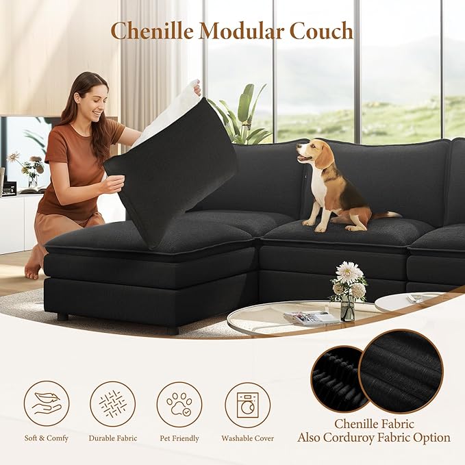 Vesgantti 108" V-Shaped Corner Couch Sectional, 7 Seat Customizable Modular Cloud Couches with Movable Ottoman, Chenille Deep Seat Sofa Set with Chaise for Living Room, Bedroom and Apartment, Black