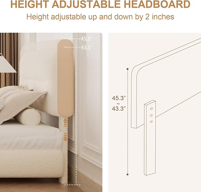 King Size Cloud Bed Frame, Upholstered Boucle Platform Bed with Adjustable Headboard, Anti-Collision Soft Rounded Corners, Noise Free, Easy Assembly, Cream