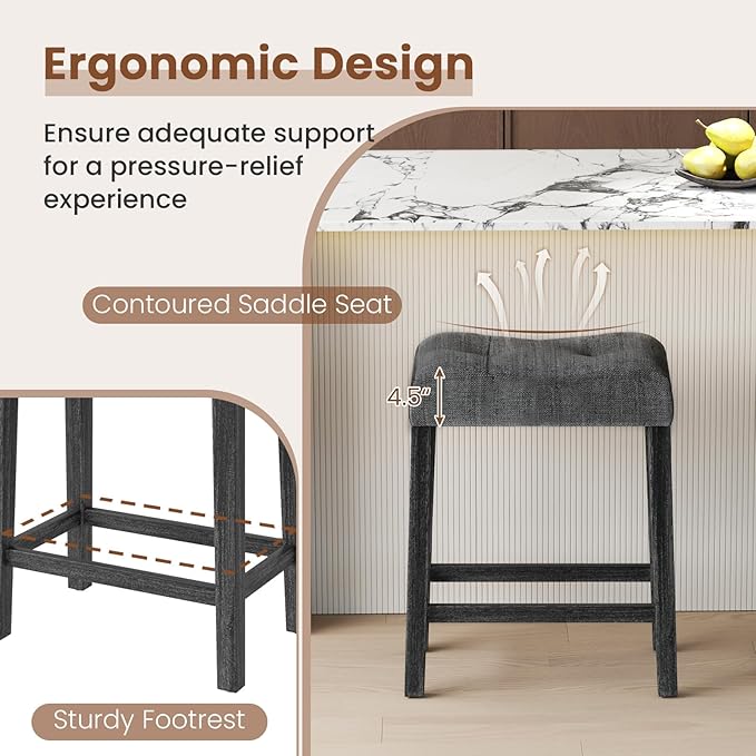 COSTWAY Wooden Saddle Stools Set of 4, 24-inch Counter Height Upholstered Backless Bar Stools with Solid Rubber Wood Legs, Padded Seat, Farmhouse Dining Chairs for Kitchen Island, Cafe, Grey