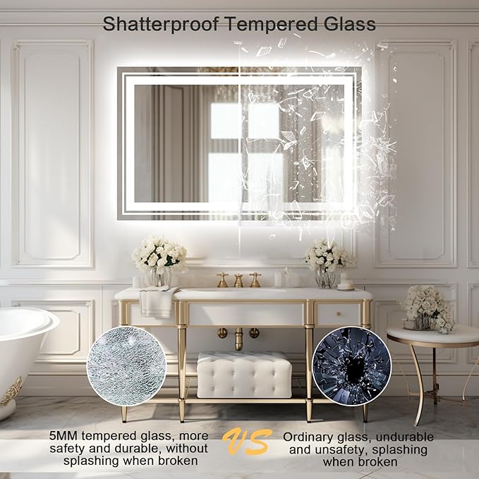 WTTY 48"x40" LED Bathroom Mirror with Lights, Front Lighted Bathroom Vanity Mirrors for Wall, Anti-Fog, Dimmable Wall Mirrors for Bathroom, Memory, Shatter-Proof, Double LED Vanity Mirror