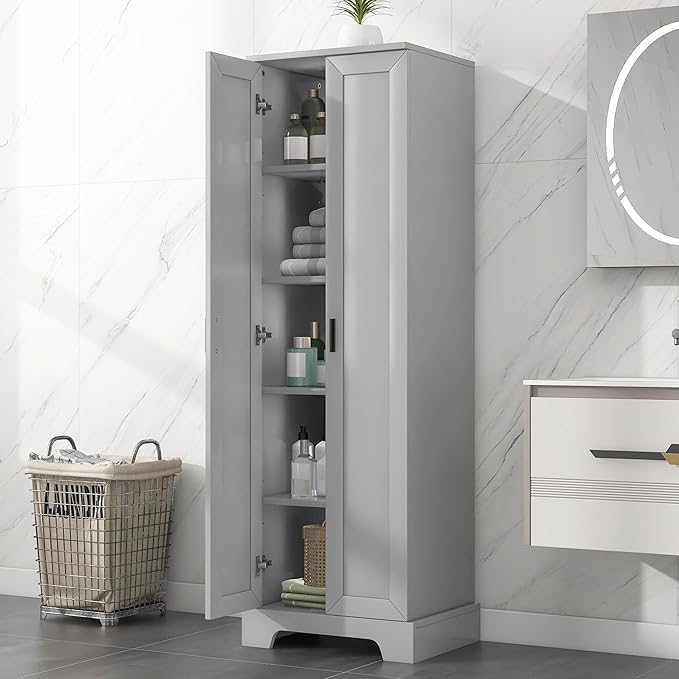 Tall Freestanding Storage Cabinet, Multi-Purpose Floor Organizer with 2 Doors & 5 Adjustable Shelves for Bathroom, Office, Living Room, Grey