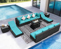 NICESOUL 13-Pieces Outdoor Patio Furniture Firepit Set, High-End Big Group Full Patio Set with Lounge Chairs, Weather-Resistant Wicker Backyard Pool Sofa and Chaise Comfy Deep Sitting, Grey&Turquoise