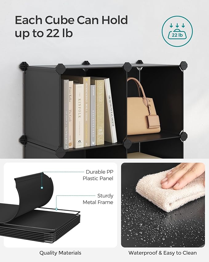 SONGMICS 6 Cube Storage Organizer, Modular Bookshelf, DIY Closet Organizers and Storage, Plastic Stackable Shelves, 11.8 x 11.8 x 11.8 Inch Cubes, with Feet and Rubber Mallet, Black ULPC06H