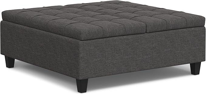 SIMPLIHOME Harrison Large Coffee Table Storage Ottoman - 40 inch Wide Upholstered Linen Look Fabric Square Lift-Top Ottoman in Slate Grey, Transitional Bench for Living Room with Sturdy Base