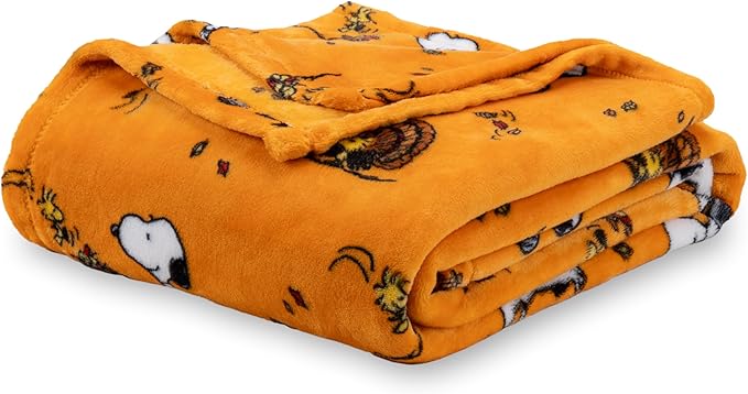 Berkshire Blanket Peanuts® VelvetLoft® Cute Character Snoopy Plush Blanket,Snoopy and Woodstock Fall Birds & Leafs Orange,King 90 in x 108 in (Official Peanuts® Product)