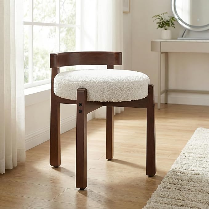 HNY Modern Boucle Ottoman Set of 2 Upholstered Vanity Chair with Solid Wood Legs, Cute Round Footrest for Bedroom & Living Room, White