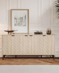 Mid-Century Modern Sideboard Cabinet, 63” Buffet with Storage, Diamond-Textured Credenza with 4 Doors, Multifunctional Accent Cabinet for Kitchen, Dining Room, Living Room (Natural Oak)