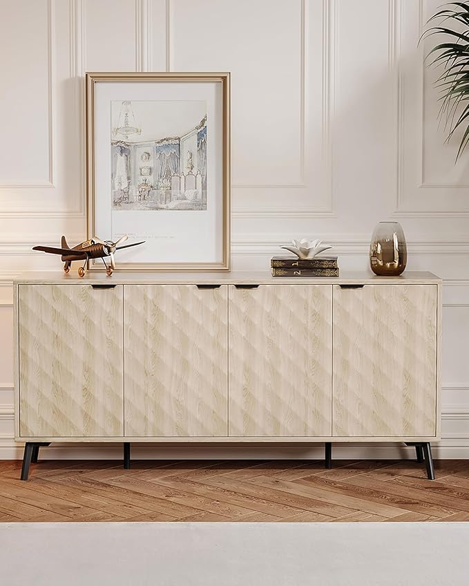 Mid-Century Modern Sideboard Cabinet, 63” Buffet with Storage, Diamond-Textured Credenza with 4 Doors, Multifunctional Accent Cabinet for Kitchen, Dining Room, Living Room (Natural Oak)