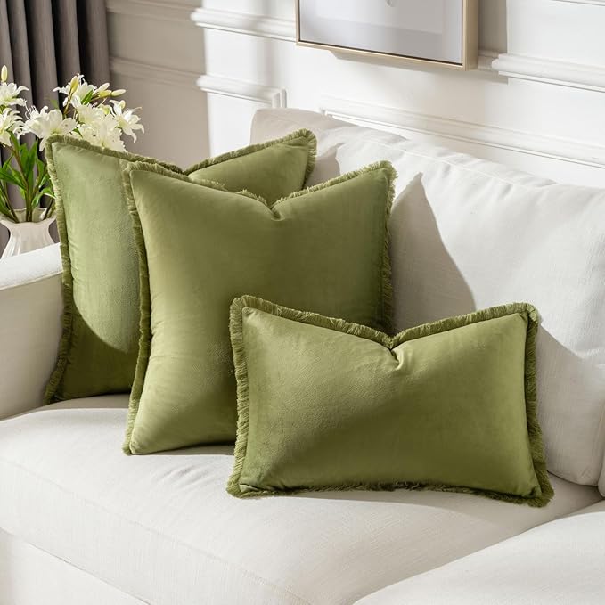 FUTEI Sage Green Velvet Decorative Throw Pillow Covers 26x26 Set of 2,Soft Cozy Edge with Tassels Euro Pillow Shams,Boho Modern Home Decor for Couch Bed Living Room
