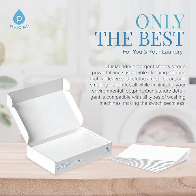 Pursonic Eco Laundry Detergent Sheets - 100 Sheet (200 Loads) Natural Zero Plastic Laundry Sheets with Powerful Cleaning Power - Travel Essentials, Quick-Dissolving & Mess-Free (Fresh Linen)