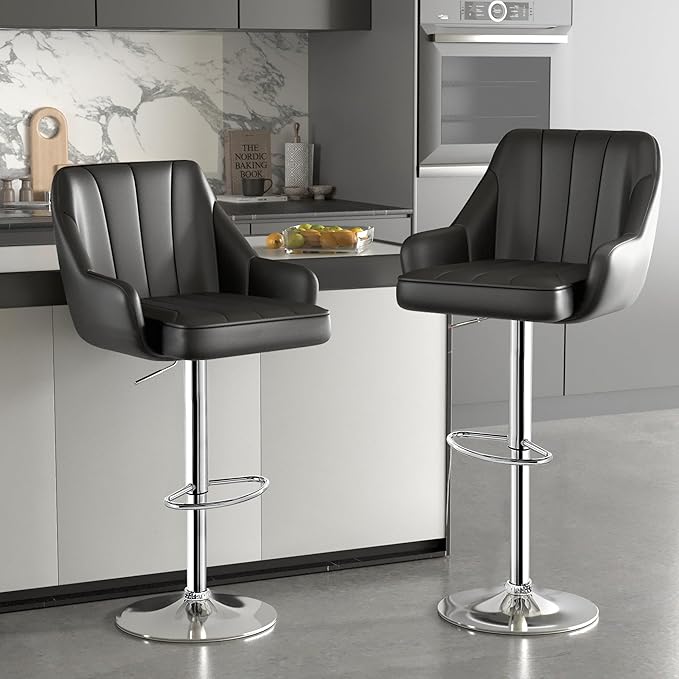 VECELO Barstools Set of 4, Counter Height Bar Stools Adjustable Stools with Back and Arm, Kitchen Island Stools Swivel Bar Chairs for Pub Dinning Room, Black