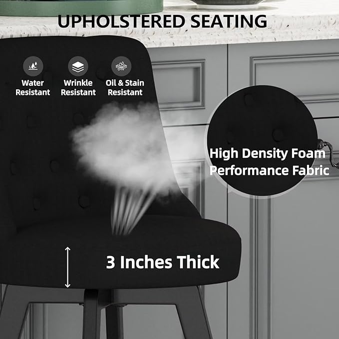 MINCETA Set of 2 Upholstered Bar Stools - 26 Inch Swivel Counter Height Stools with Low Tufted Back, Footrest & Performance Fabric - Round Seat for Kitchen Island & Home Bar Black