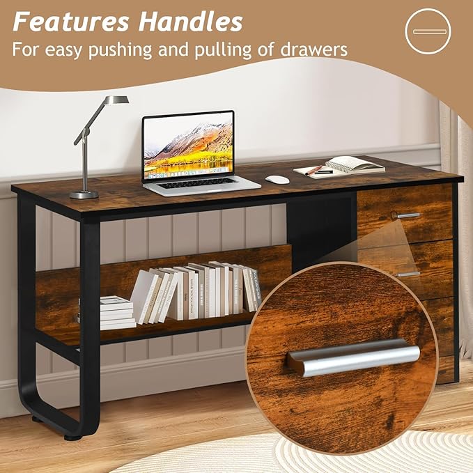 Small Desk with 3 Drawers, 47 Inch Computer Desk with Drawers & Bottom Shelves for Bedroom, Home Office Desk with Storage File Cabinet for Small Spaces, Writing and Work, Black and Brown