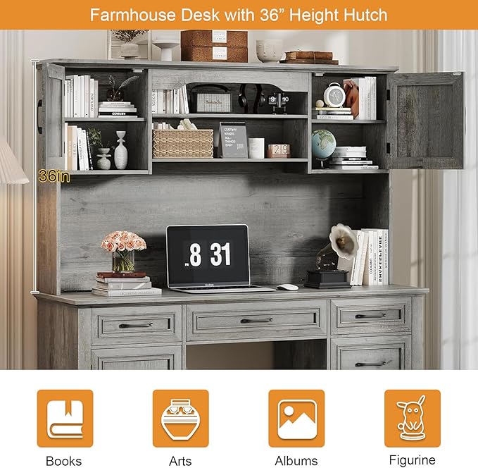 67" H Farmhouse Executive Desk with Hutch. Wood Workstation with 5 Drawers, Storage Cabinet, File Drawers and Charging Station, Ideal as Office Desk, Computer Desk for Home Office and Study.Gray