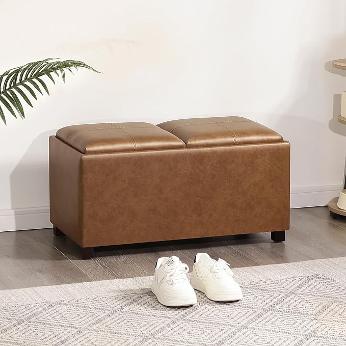 Adeco 31 Inches Storage Ottoman Bench, Non-Folding End of Bed Foot Rest Stools Ottoman with Thicker Foam Padded Seat, Upholstered Storage Chest for Living Room, Entryway, Bedroom