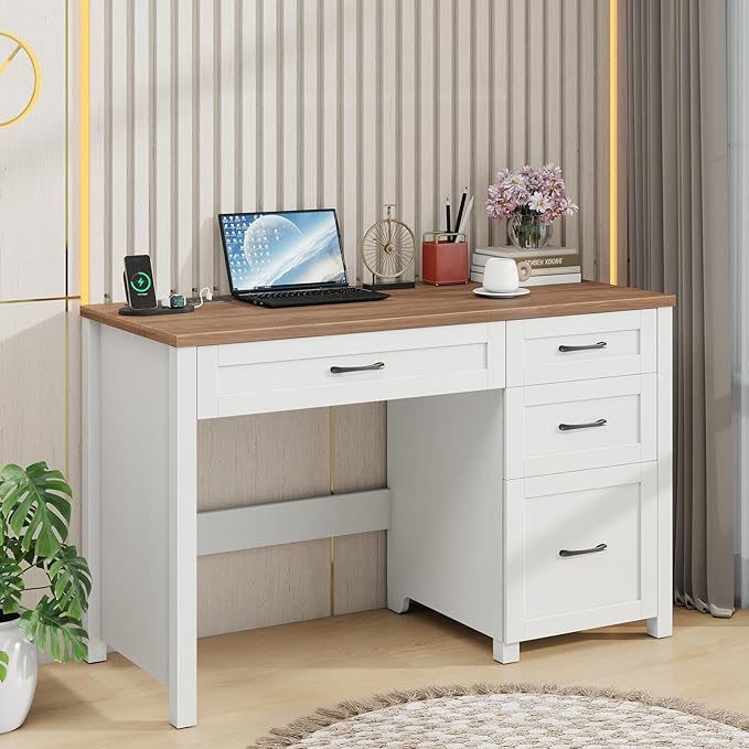 Vabches Farmhouse 47" Executive Desk, Computer Desk with File Drawer and Charging Station, Workstation for Home Office & Study.Off White