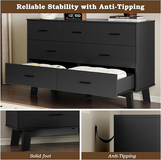 Dresser for Bedroom with 7-Drawer, 47.2" Wide Modern Chest of Drawers with Metal Handles, X-Shape Base & Adjustable Center Leg, Anti-Tip Closet Organizers and Storage
