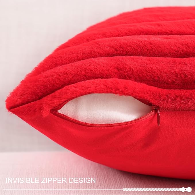 Pallene Faux Fur Plush Lumbar Christmas Throw Pillow Covers 12x20 Set of 2, Luxury Soft Fluffy Striped Decorative Pillow Covers for Sofa, Couch, Living Room, Red