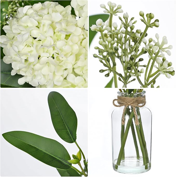 Hollyone White Hydrangea Artificial Flowers in Clear Glass Vase with Faux Water Silk Hydrangeas Fake Flowers Floral Arrangement for Home Bathroom Kitchen Office Table Centerpiece Shelf Decorations