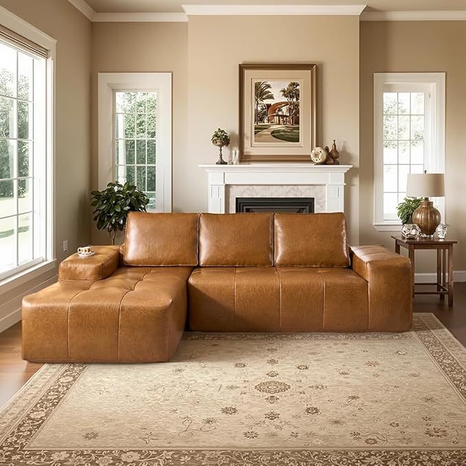 114" Boneless Couches for Living Room, Brown Faux Leather Cloud Sectional Couches with Chaise, Deep Seat L Shaped Modular Sofa, No Assembly Required Sofas in a Box (Left,Faux Leather,Brown)