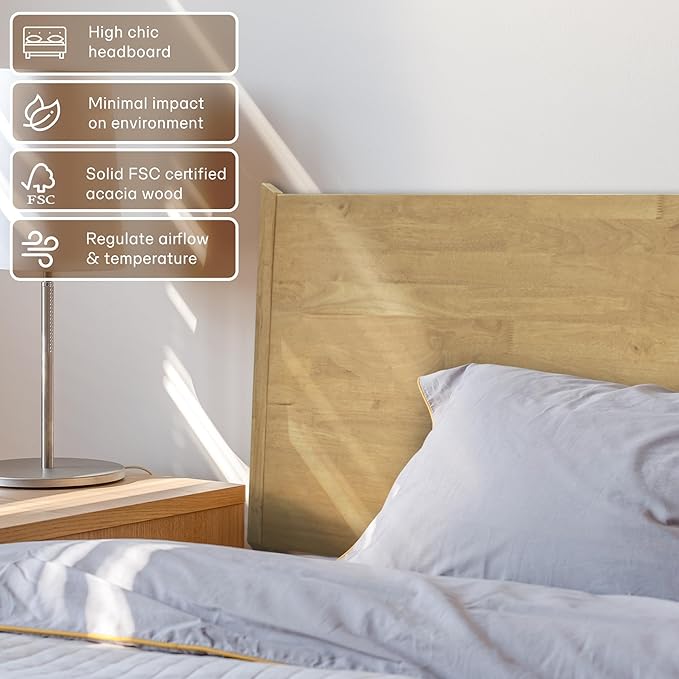 Acacia Haven Queen Bed Frame and Headboard, Platform Bed Frame Scandinavian Wood Bed Compatible with All Mattress Types, Wood Slats Support 800lbs Capacity, Quick & Easy Assembly, Oak.