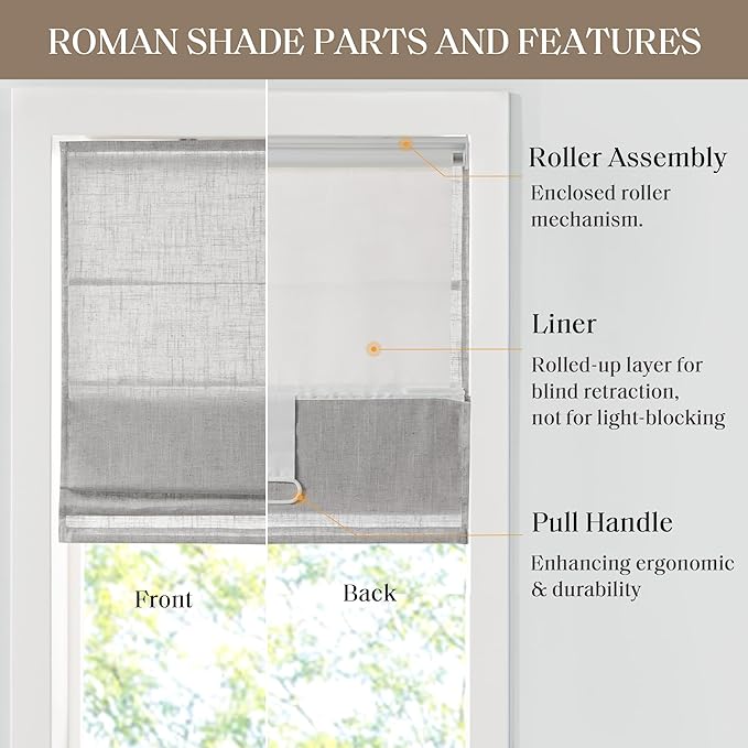 Madison Park Kyler Cordless Roman Shades - Single Panel, Lightweight Linen Blend Fabric, Natural Design, Easy Installation, Light Filtering Window Blind, Bedroom, Living Room Decor 34" W x 64" H Grey
