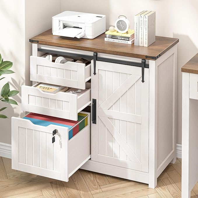 Vabches Lateral File Cabinets with Adjustable Shelf, Farmhouse Filing Cabinet with Lock for Home Office, Filing Organization Storage Cabinets with Sliding Barn Door for Hanging Files Letter/A4.(White)