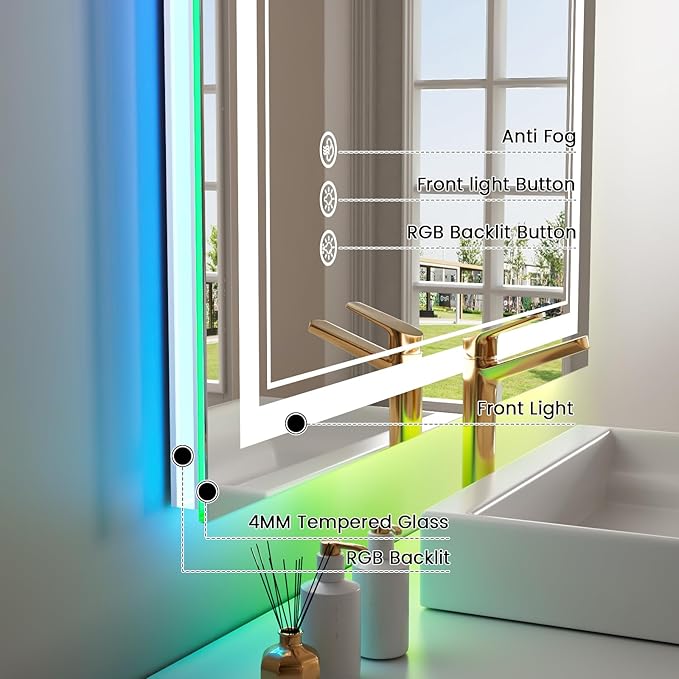 44x36 inch LED Bathroom Mirror with RGB Lights, Color Changing Backlit Mirror, Shatterproof, Dimmable Anti-Fog, Lighted Vanity Mirror (RGB Multicolor Backlit + Adjustable Front-Lighted)