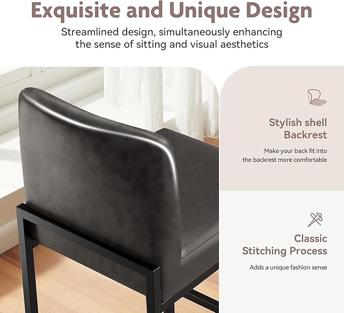 ALPHA HOME 24 Inch Bar Stools Set of 6, Kitchen Counter Stools with Backs, PU Leather Barstools, Kitchen Stools with Back&Upholstered Footrest, Sturdy Chromed Metal Steel Frame, Grey