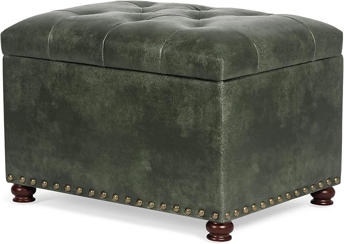 Joveco Storage Ottoman Rectangular Tufted Upholstered Ottomans with Rivet, Footrest Footstool Seat with Wood Legs for Living Room Bedroom (Black Green)