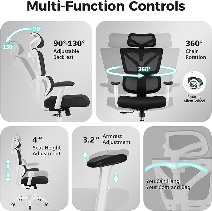 Ergonomic Office Chair High Back Desk Chair with Lumbar Support, Breathable Mesh Computer Chair with Adjustable Armrests Height, Reclining Swivel Big and Tall Gaming Chair for Home Office(White)
