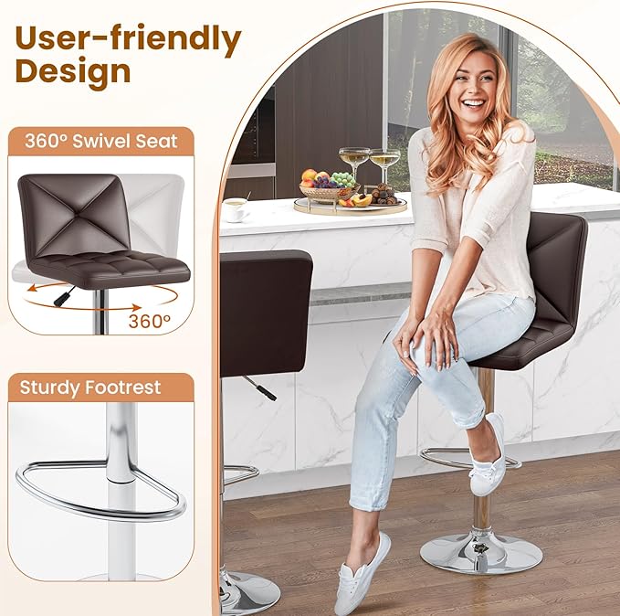 COSTWAY Bar Stools Set of 4, Modern PU Leather Swivel Bar Chairs, Height Adjustable Upholstered Barstools with Premium Gas Rod, Sturdy Footrest, Round Base, for Kitchen, Dining Room, Office,Brown