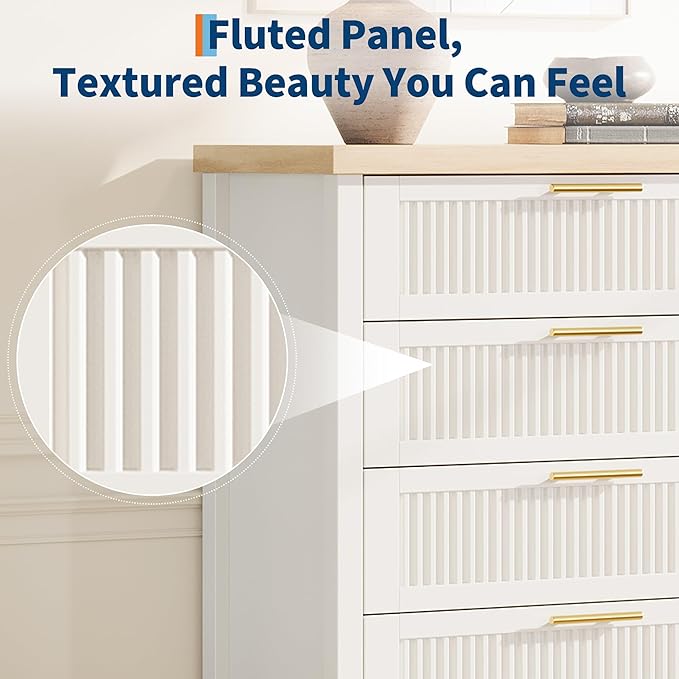 GarveeHome Fluted 5 Drawer Tall Dresser for Bedroom, 42.9 in Chest of Drawers, Wooden Dresser Chest with Clothes Storage Cabinet, Drawer Organizer, TV Stand for Bedroom, Living Room, Hallway, White